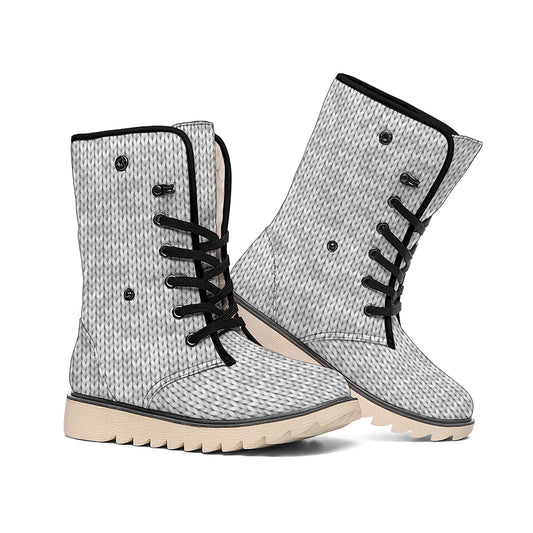 Grey Knitted Pattern Print Winter Boots