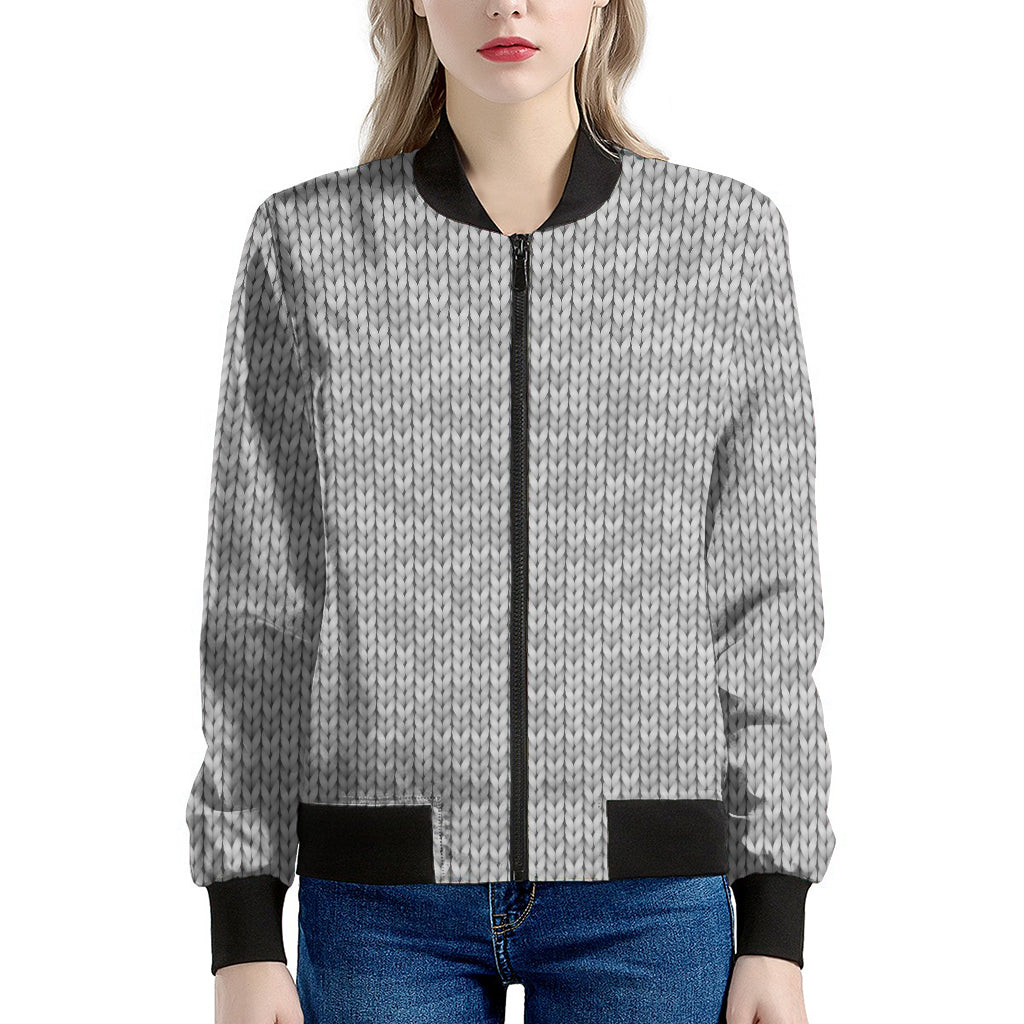 Grey Knitted Pattern Print Women's Bomber Jacket