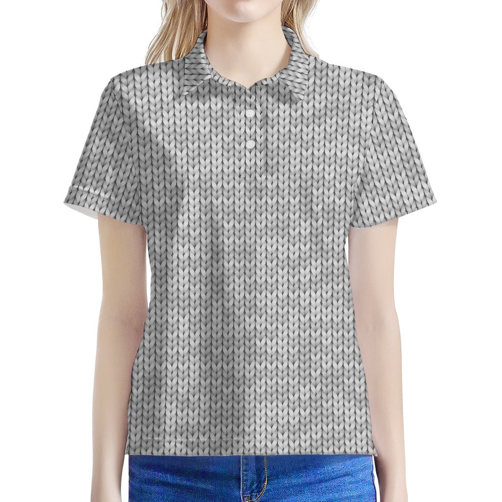 Grey Knitted Pattern Print Women's Polo Shirt