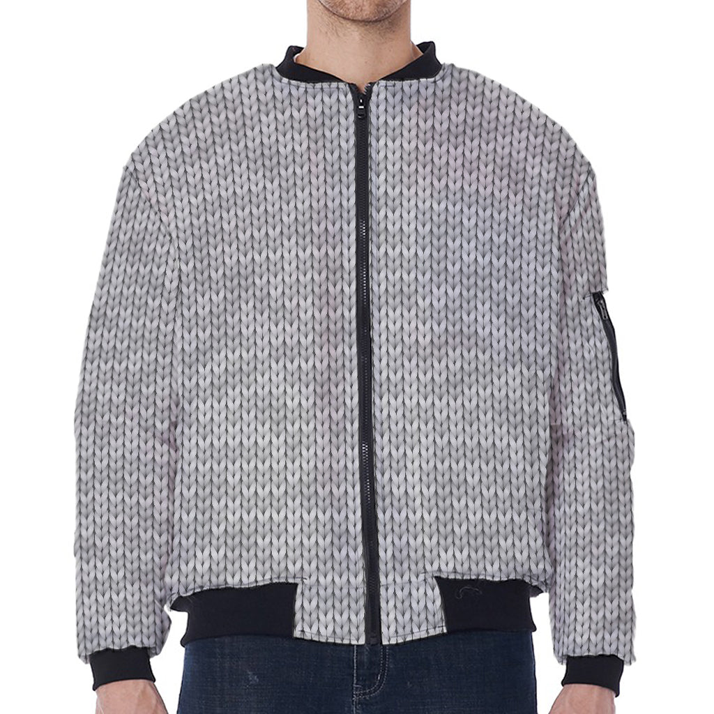 Grey Knitted Pattern Print Zip Sleeve Bomber Jacket