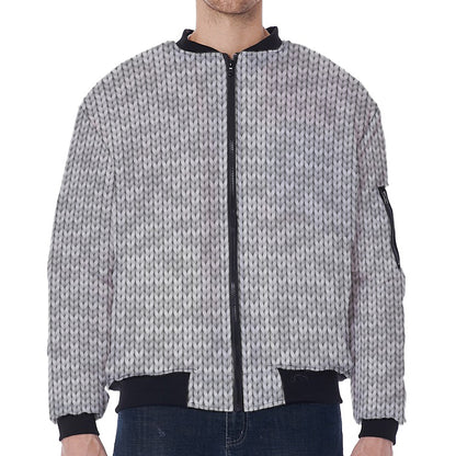Grey Knitted Pattern Print Zip Sleeve Bomber Jacket