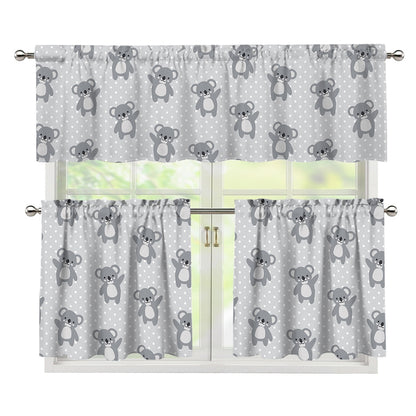 Grey Koala Pattern Print 3 Piece Kitchen Curtains