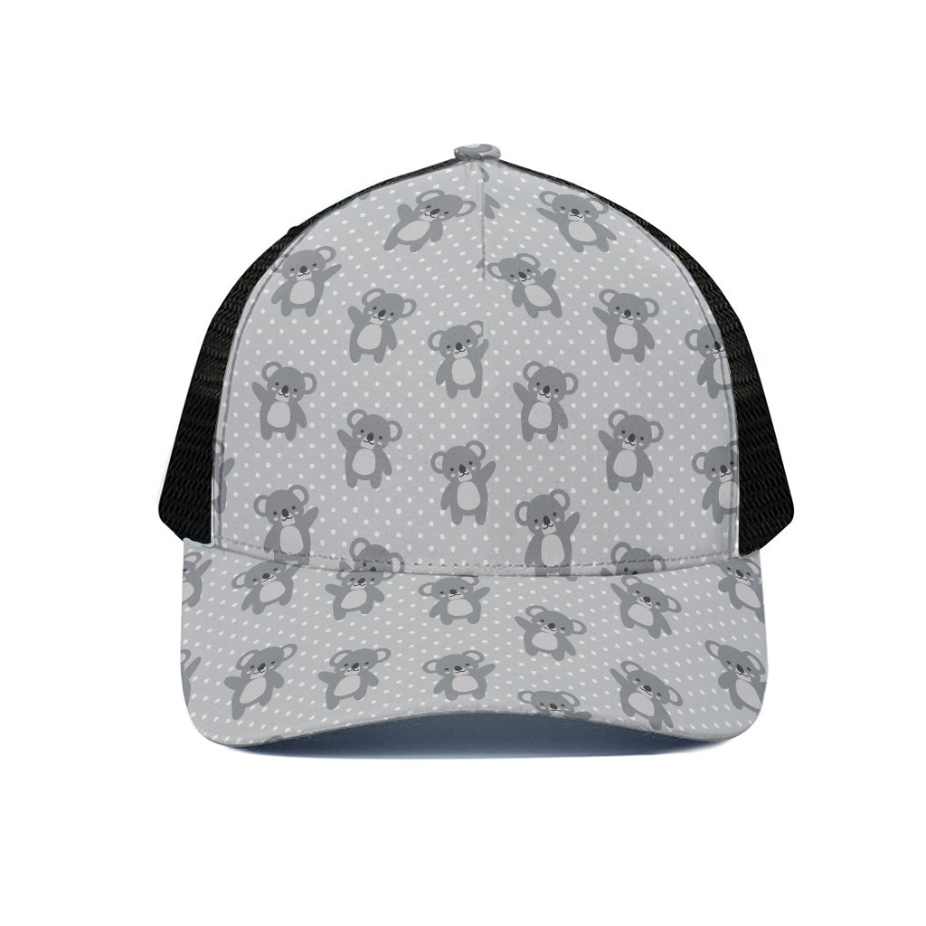 Grey Koala Pattern Print Black Mesh Trucker Cap
