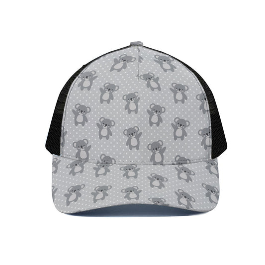 Grey Koala Pattern Print Black Mesh Trucker Cap