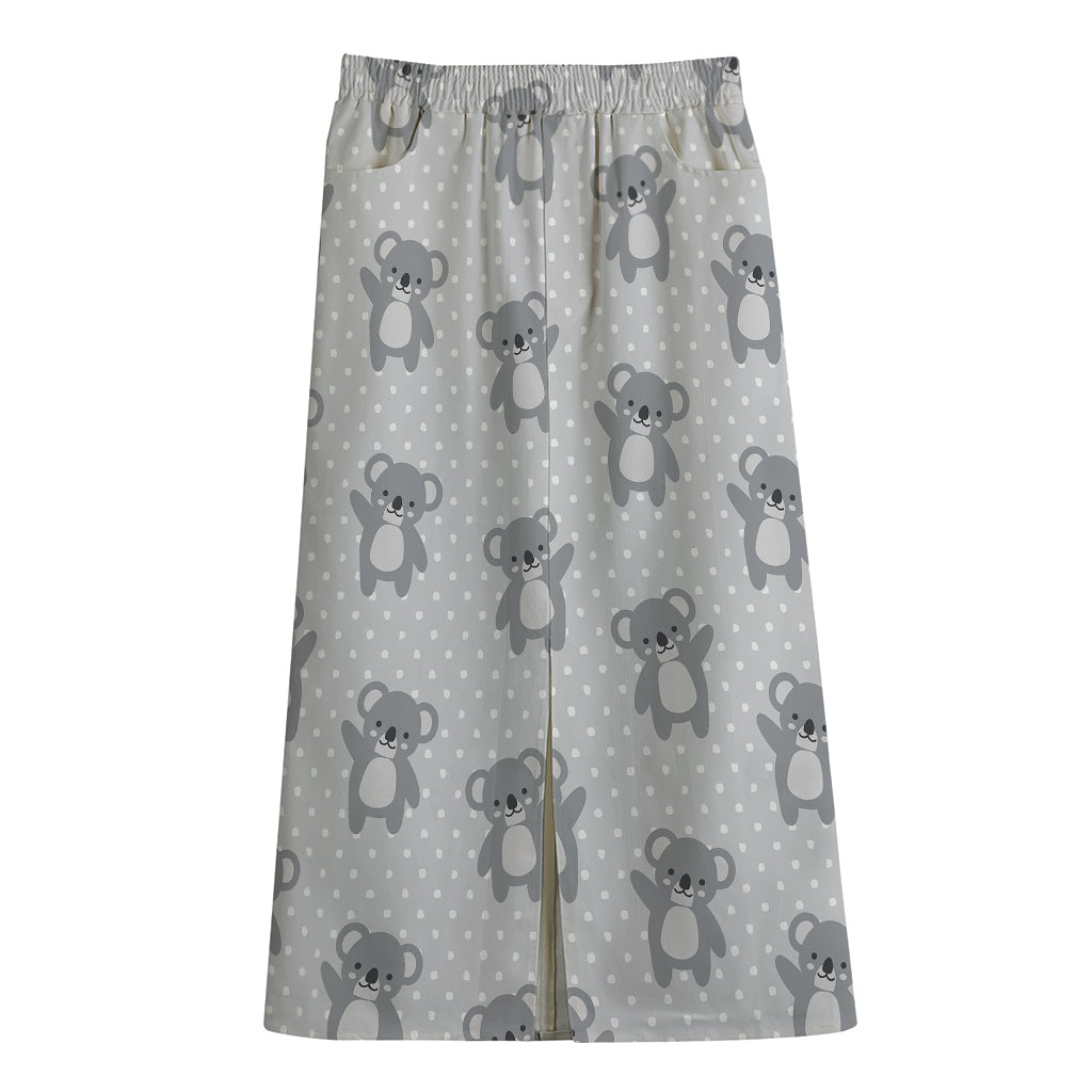 Grey Koala Pattern Print Cotton Front Slit Maxi Skirt