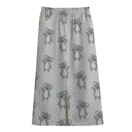 Grey Koala Pattern Print Cotton Front Slit Maxi Skirt
