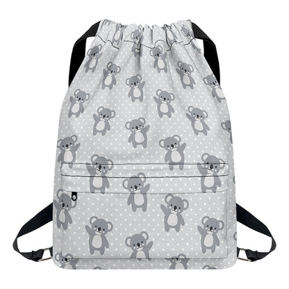 Grey Koala Pattern Print Drawstring Backpack
