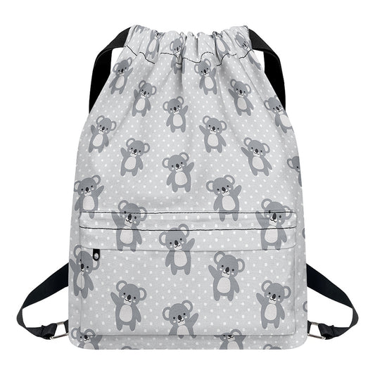 Grey Koala Pattern Print Drawstring Backpack