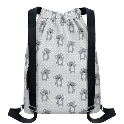 Grey Koala Pattern Print Drawstring Backpack