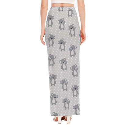 Grey Koala Pattern Print High Slit Maxi Skirt