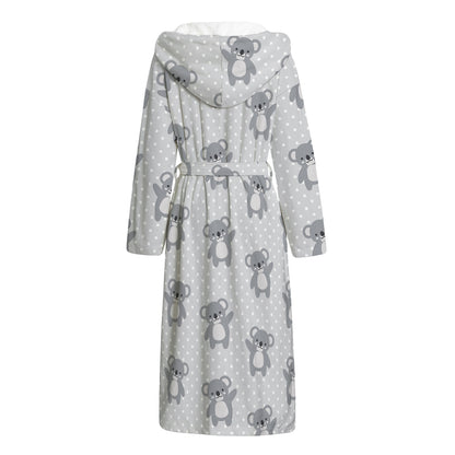 Grey Koala Pattern Print Hooded Bathrobe