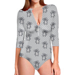 Grey Koala Pattern Print Long Sleeve Swimsuit