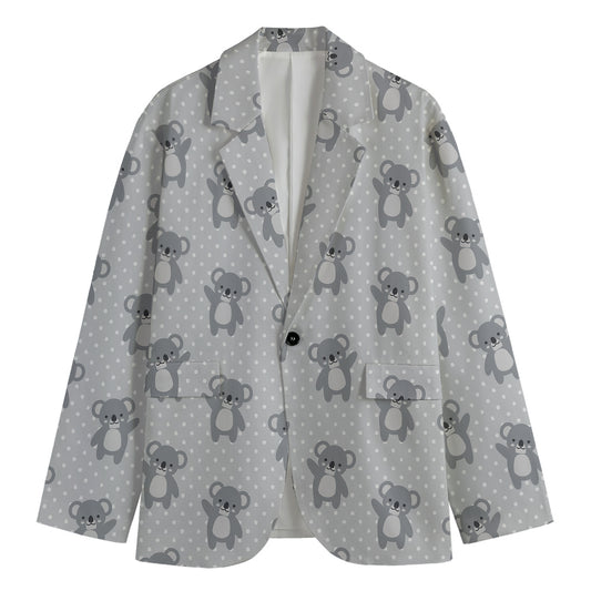 Grey Koala Pattern Print Men's Cotton Blazer