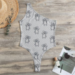 Grey Koala Pattern Print One Shoulder Bodysuit