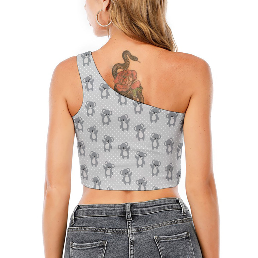 Grey Koala Pattern Print One Shoulder Crop Top