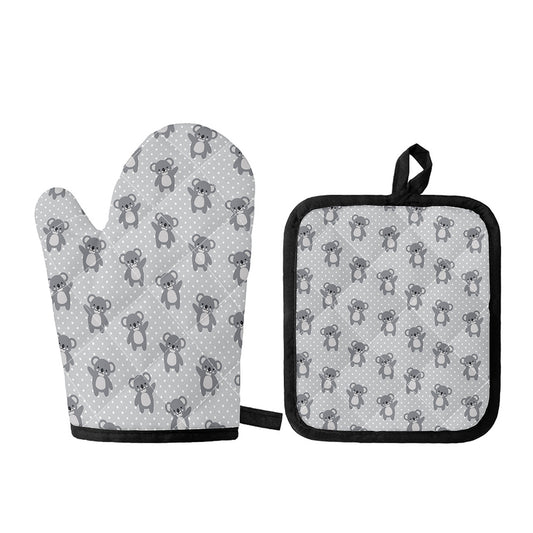 Grey Koala Pattern Print Oven Mitt And Pot Holder Set