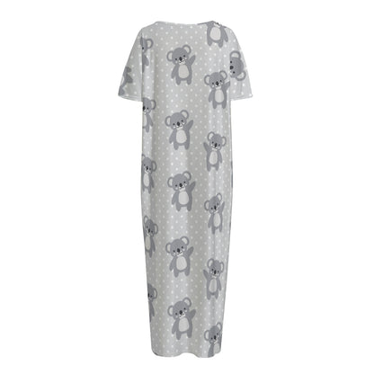 Grey Koala Pattern Print Short Sleeve Long Nightdress