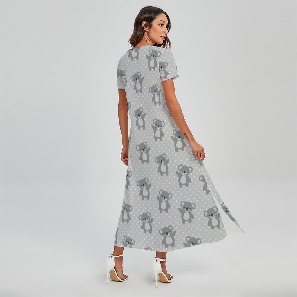 Grey Koala Pattern Print Short Sleeve Maxi Dress