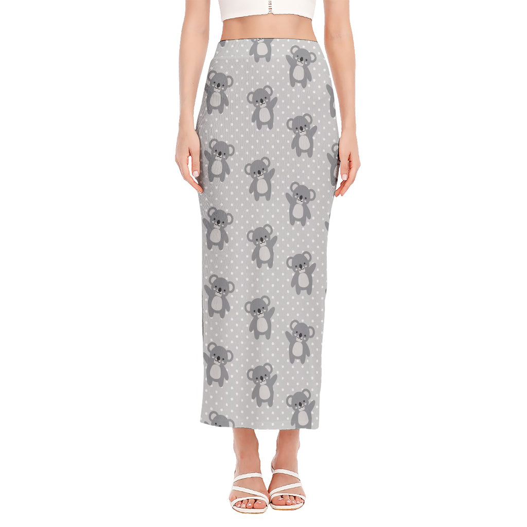 Grey Koala Pattern Print Side Slit Maxi Skirt