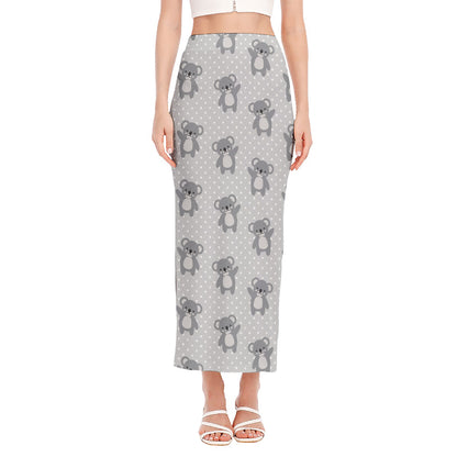 Grey Koala Pattern Print Side Slit Maxi Skirt
