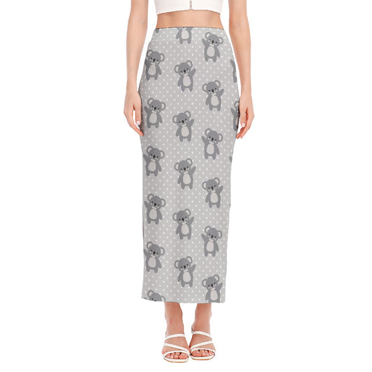 Grey Koala Pattern Print Side Slit Maxi Skirt