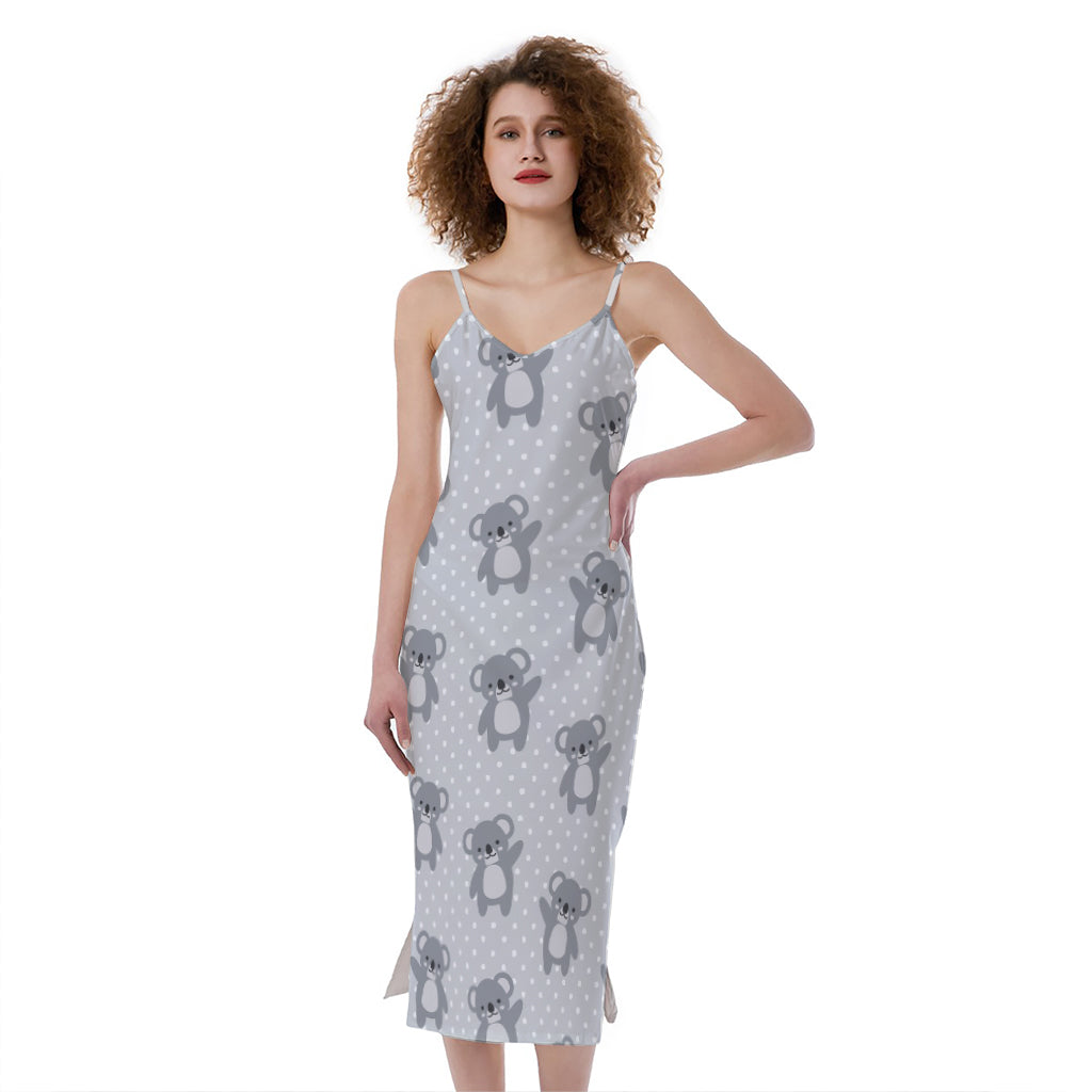 Grey Koala Pattern Print Slim Fit Midi Cami Dress