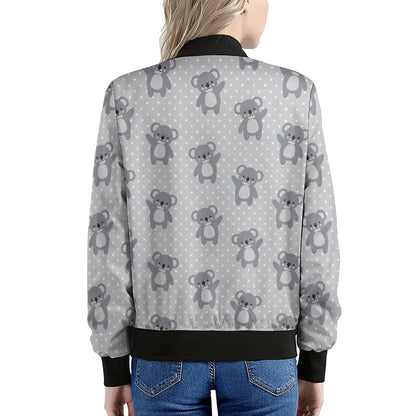 Grey Koala Pattern Print Women's Bomber Jacket