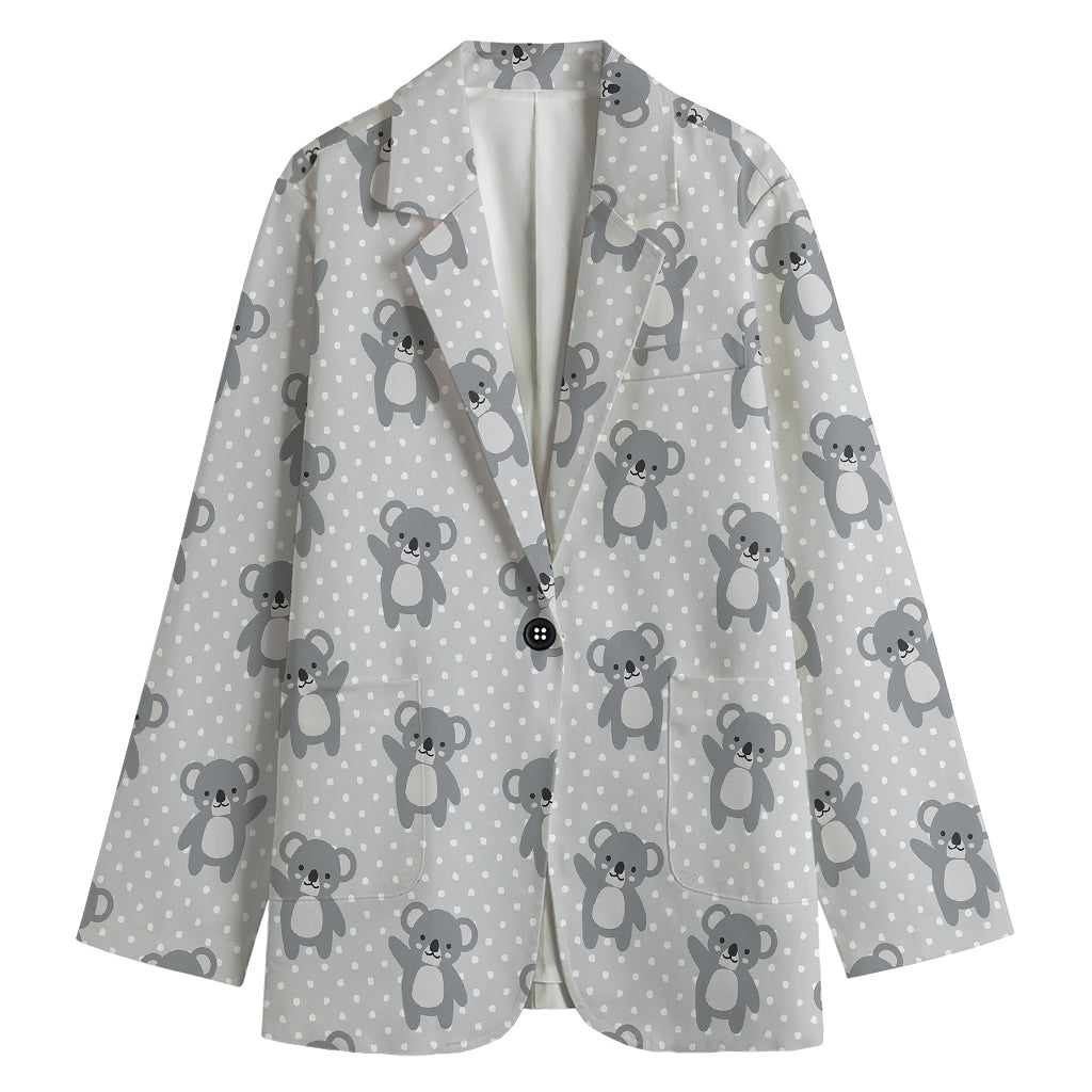 Grey Koala Pattern Print Women's Cotton Blazer