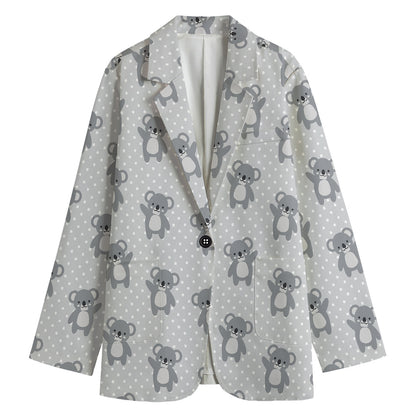 Grey Koala Pattern Print Women's Cotton Blazer
