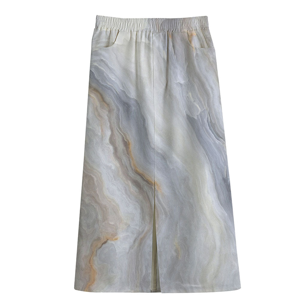 Grey Marble Print Cotton Front Slit Maxi Skirt