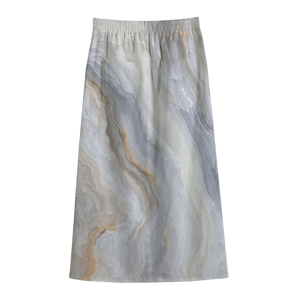 Grey Marble Print Cotton Front Slit Maxi Skirt