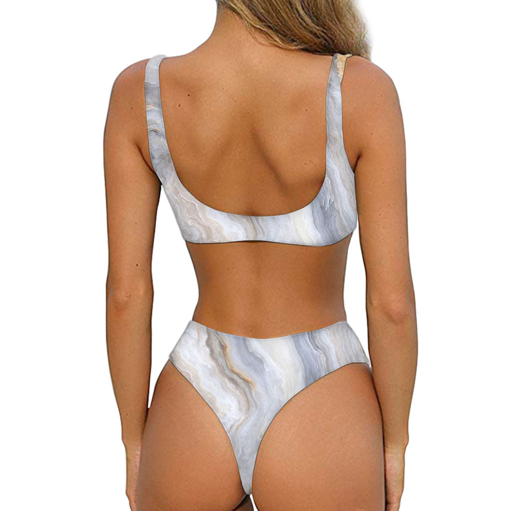 Grey Marble Print Front Bow Tie Bikini