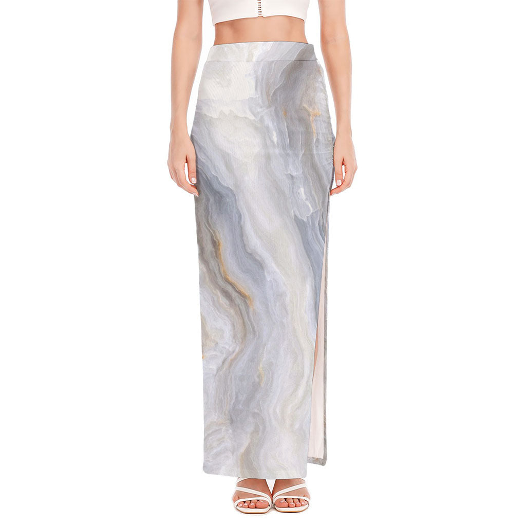 Grey Marble Print High Slit Maxi Skirt