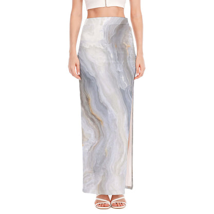 Grey Marble Print High Slit Maxi Skirt