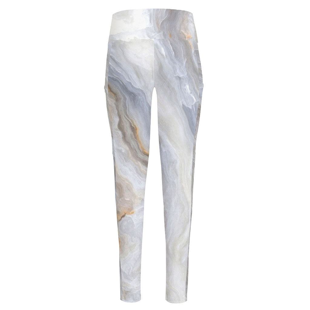 Grey Marble Print High-Waisted Pocket Leggings