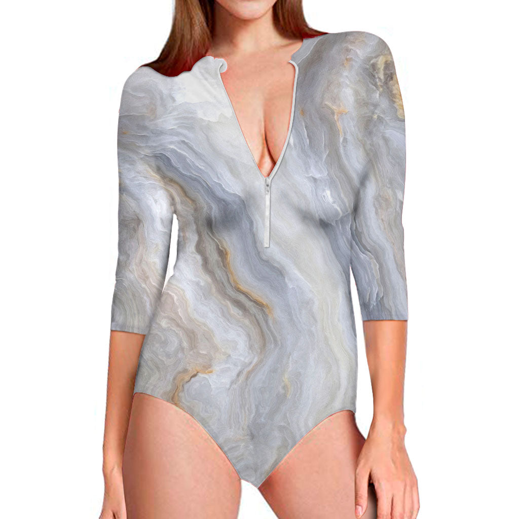 Grey Marble Print Long Sleeve Swimsuit