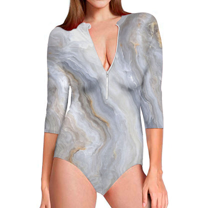 Grey Marble Print Long Sleeve Swimsuit