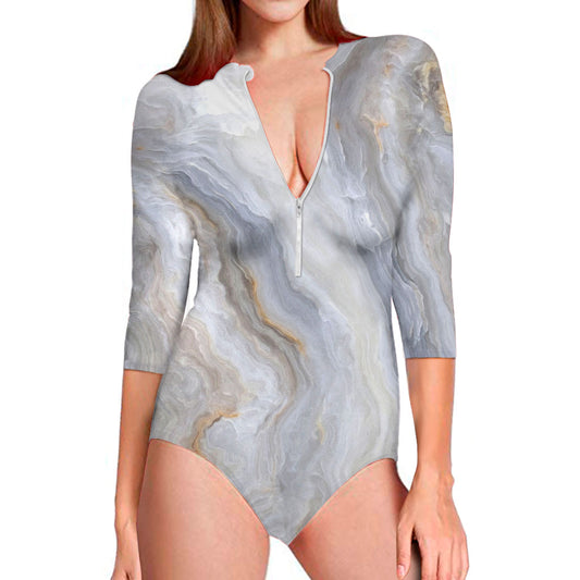 Grey Marble Print Long Sleeve Swimsuit