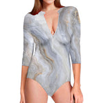 Grey Marble Print Long Sleeve Swimsuit