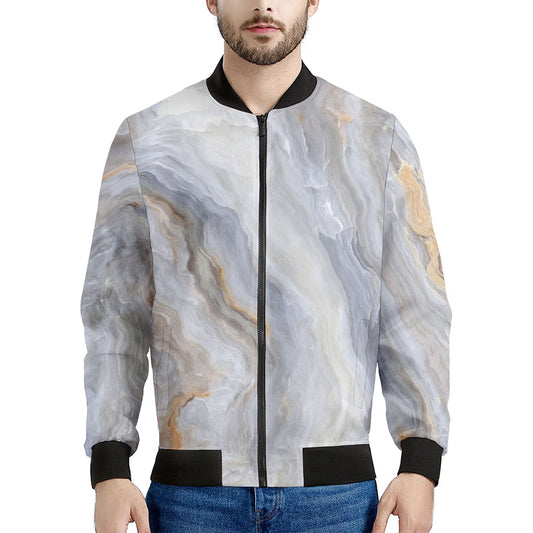 Grey Marble Print Men's Bomber Jacket