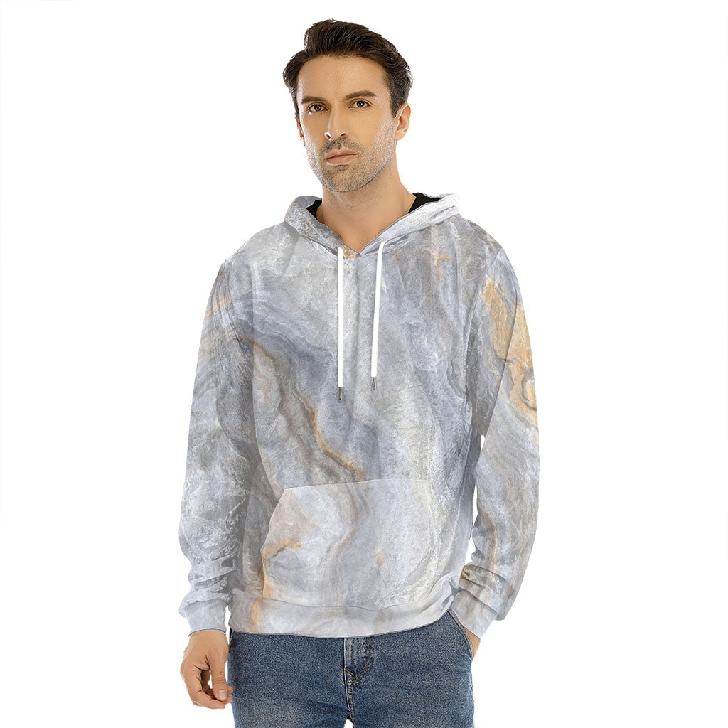 Grey Marble Print Men's Velvet Pullover Hoodie