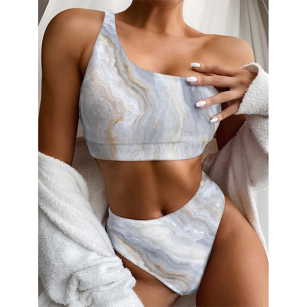 Grey Marble Print One Shoulder Bikini Top