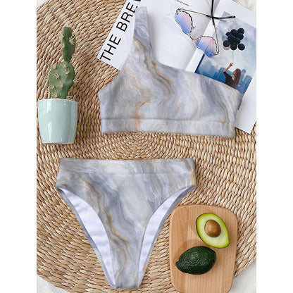 Grey Marble Print One Shoulder Bikini Top