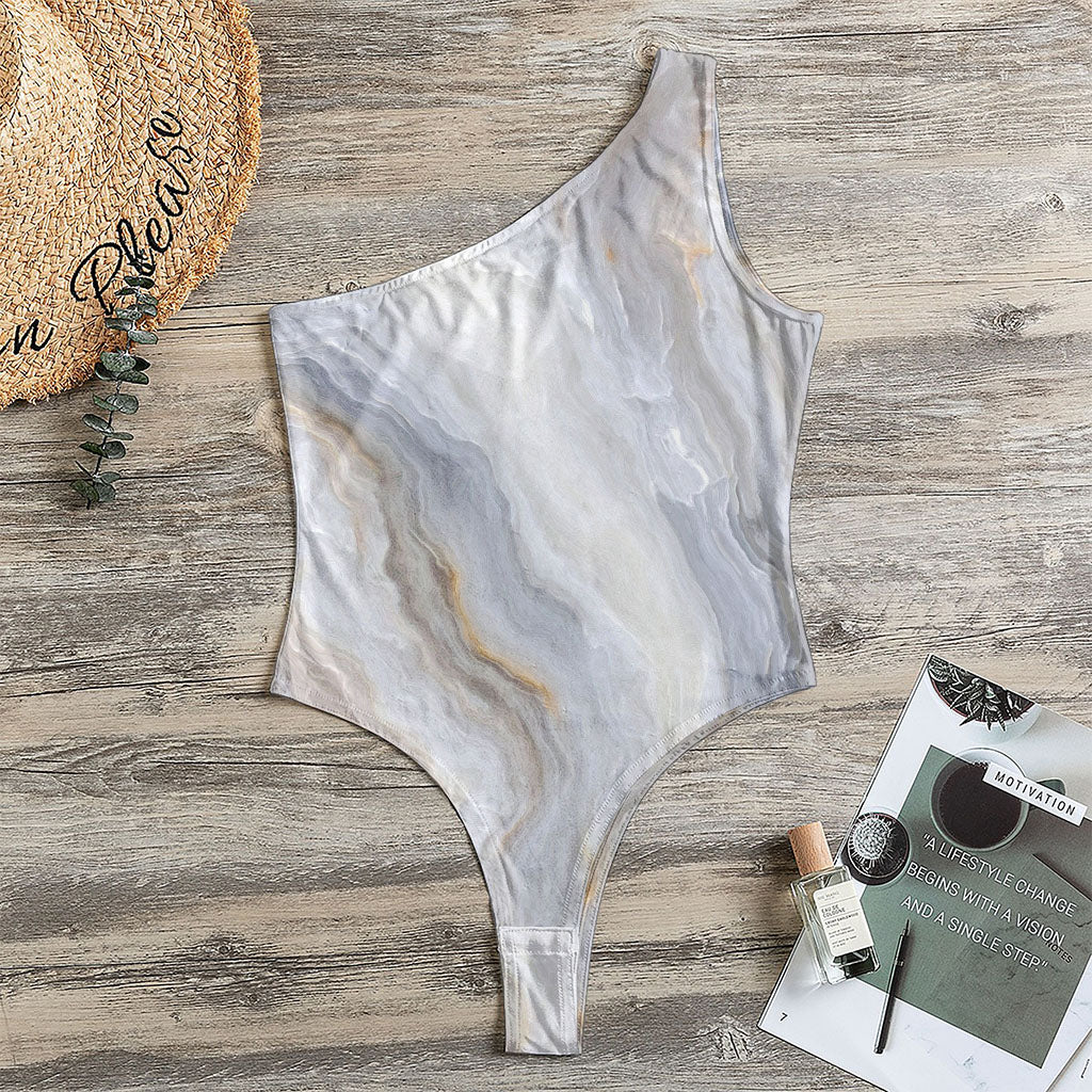 Grey Marble Print One Shoulder Bodysuit