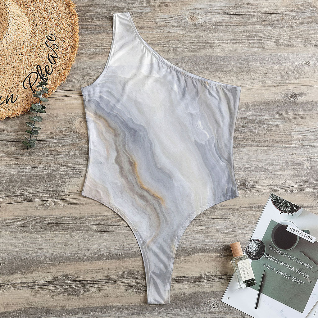 Grey Marble Print One Shoulder Bodysuit
