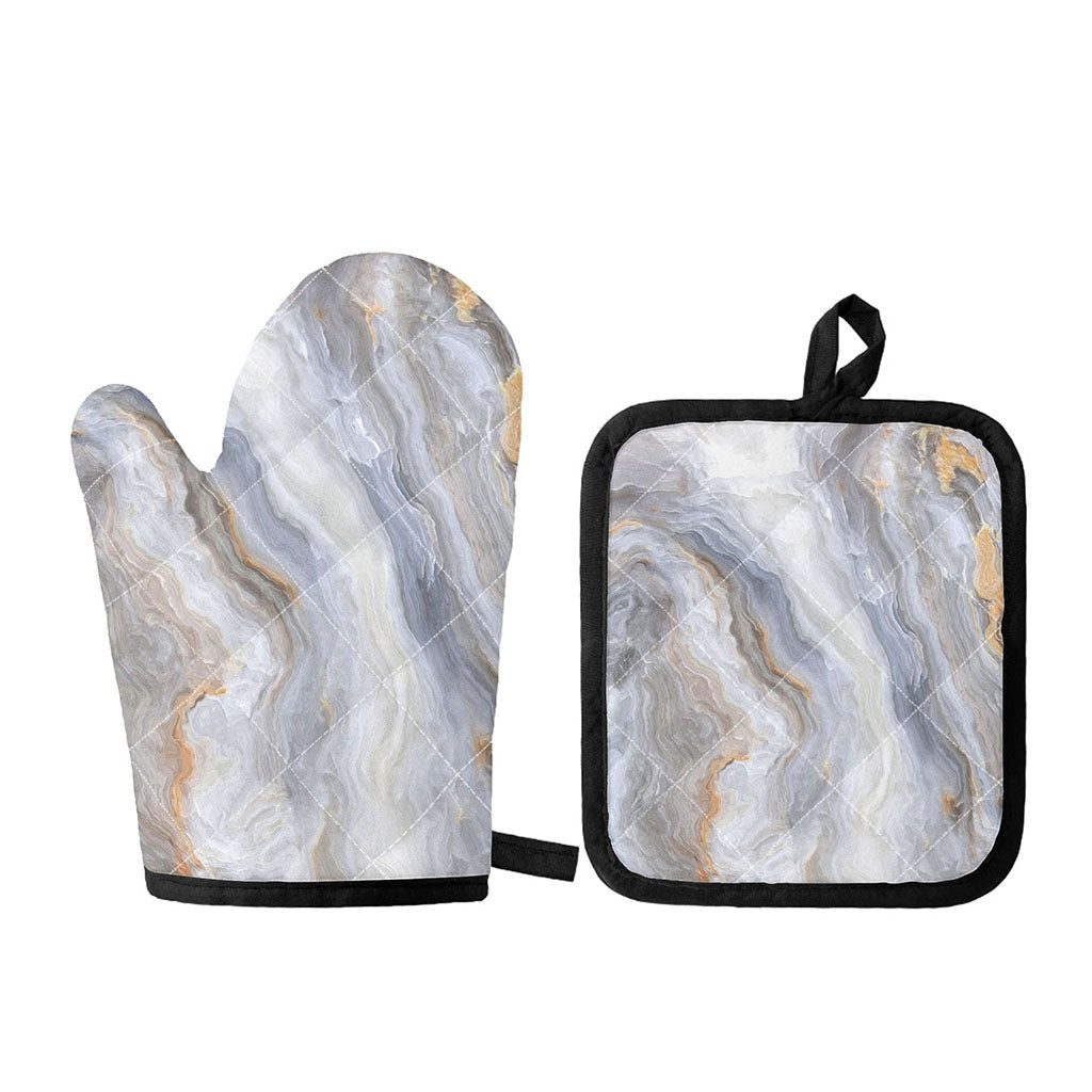 Grey Marble Print Oven Mitt And Pot Holder Set