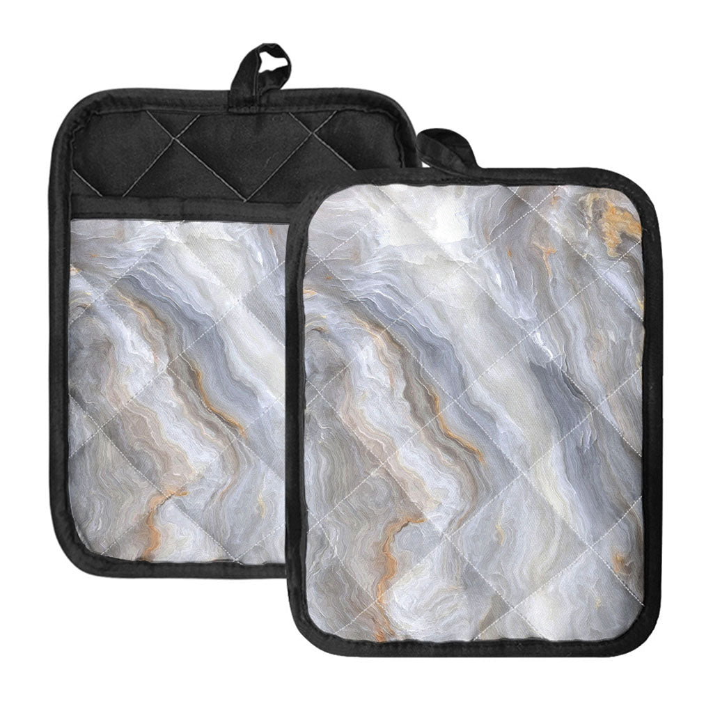 Grey Marble Print Pot Holders With Pocket
