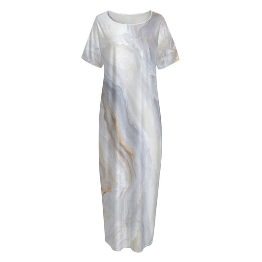 Grey Marble Print Short Sleeve Long Nightdress