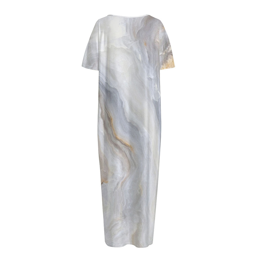 Grey Marble Print Short Sleeve Long Nightdress