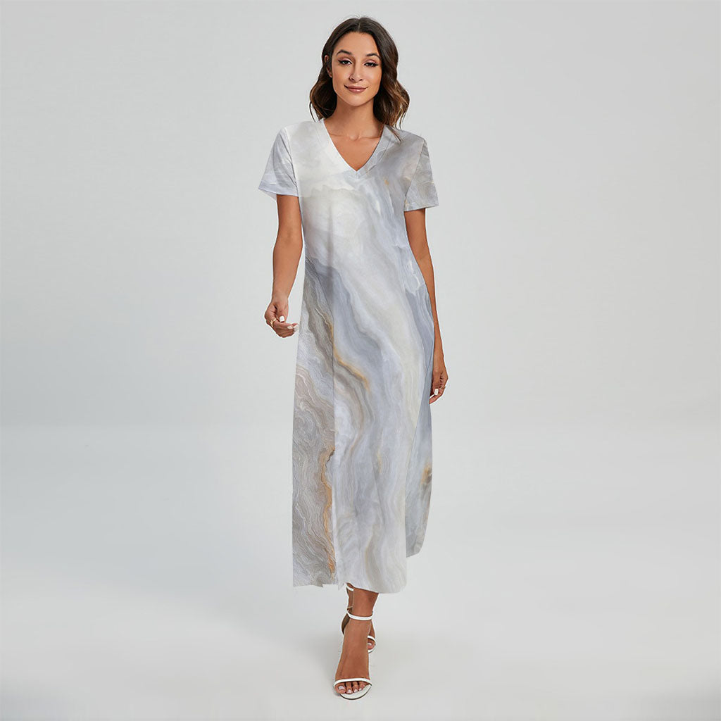 Grey Marble Print Short Sleeve Maxi Dress